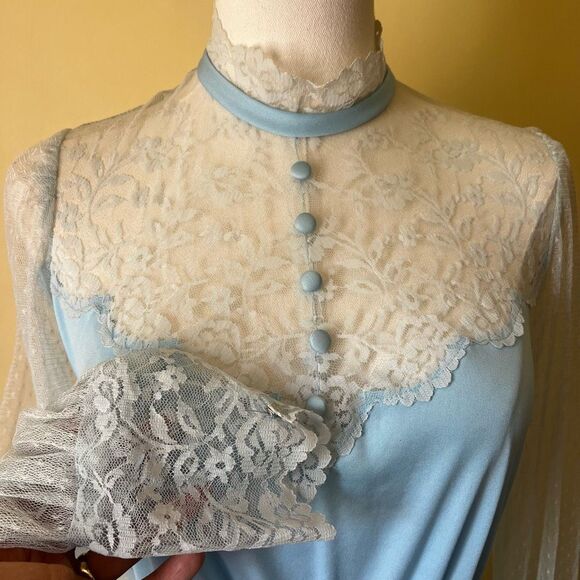 Vintage 70s Blue Lace Long Sleeve Nightgown Hostess Dress Victorian Small - Picture 8 of 12
